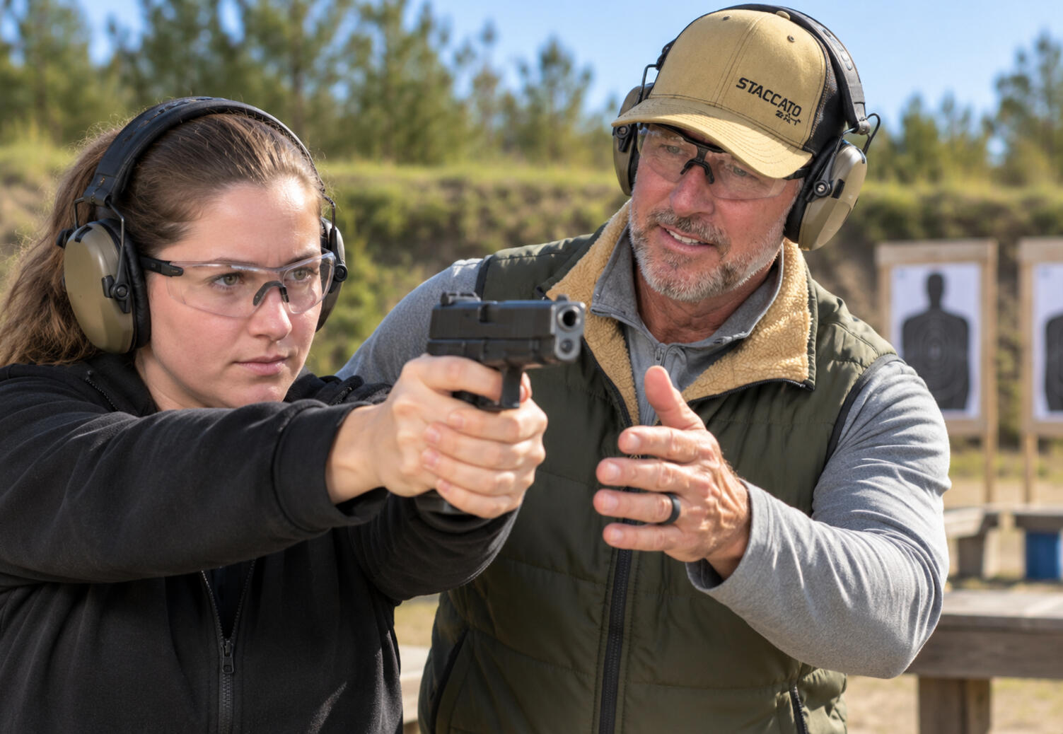 Dallas Mills coaching a student during live handgun training in Jacksonville Beach, FL
